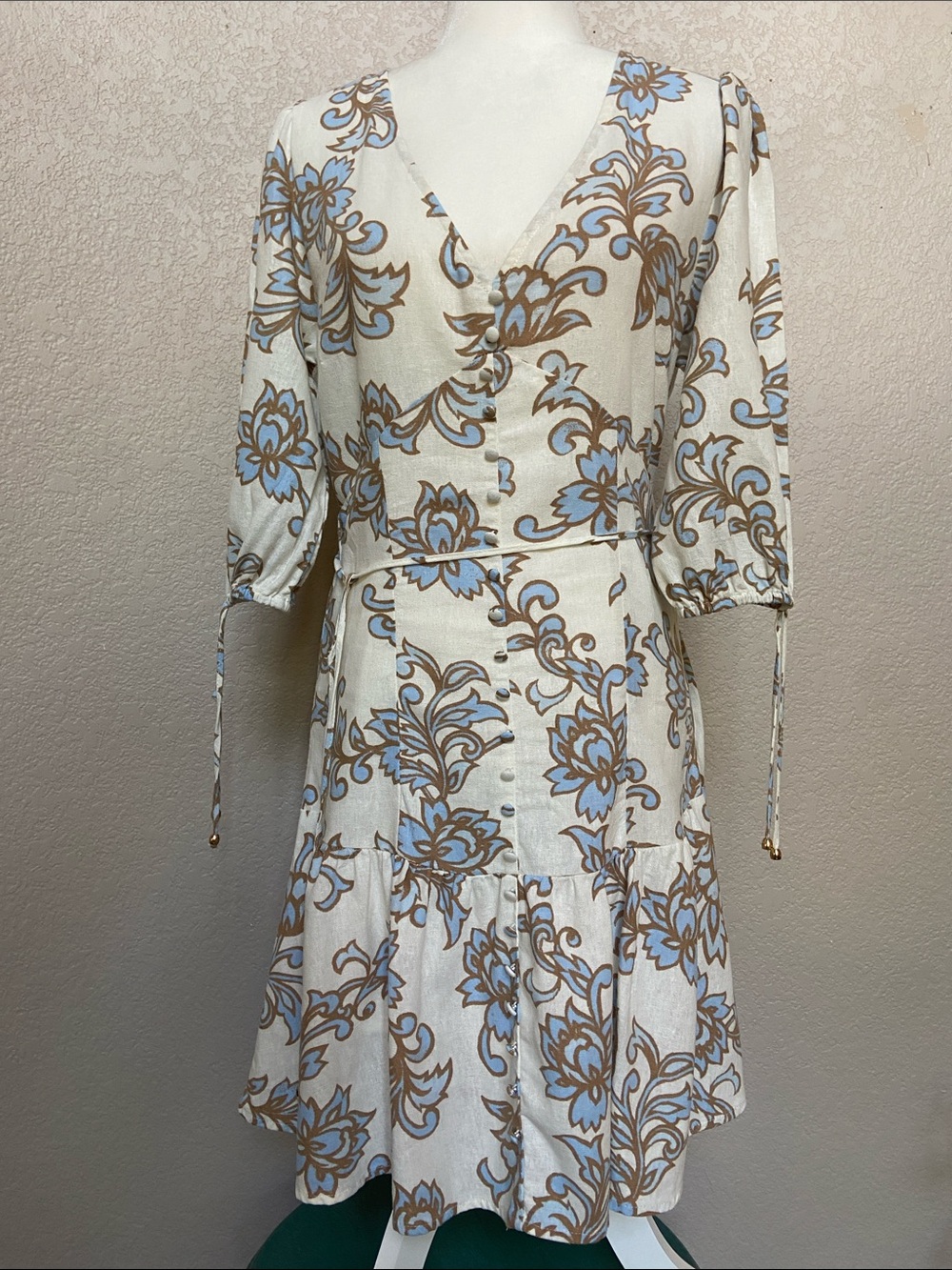 Joie V-neck minidress in Ivory with Light Blue & Tan Baroque-style floral motif